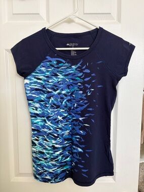 Ideology Navy Graphic Tee with Teal & Aqua School of Fish
